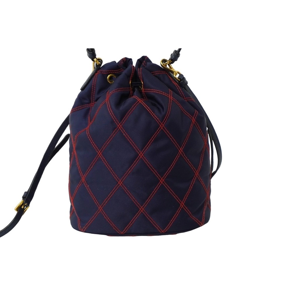 PRADA handbag triangle logo Navy Blue red color stitching drawstring closure - Picture 3 of 10